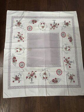 Vintage Tablecloth 1950s Cotton Flower Baskets PURPLE BORDER Square Red Green